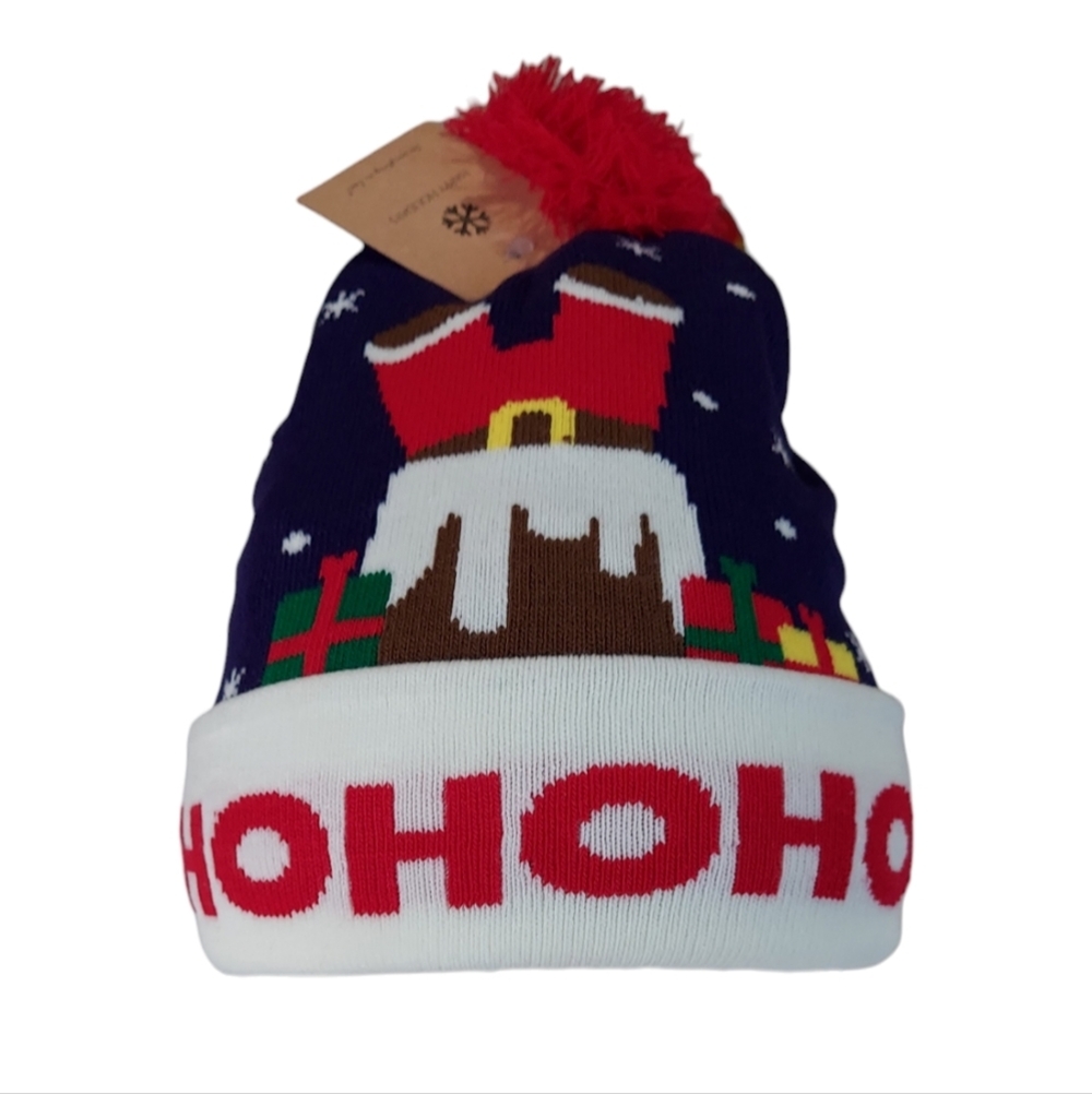 Christmas Beanie Hat Women Men Knit Navy Blue Pom Christmas Hat Beanie Winter - Picture 4 of 12